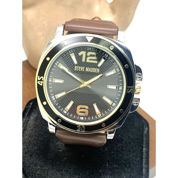 Steve Madden Men's Watch SM-9132TT Quartz Black Dial Brown Leather Band 45mm - Picture 1 of 13